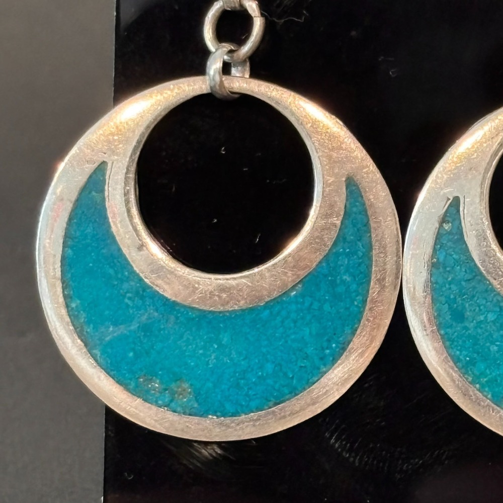 Vintage Signed Taxco Mexico Sterling SIlver Turquoise Inlaid Dangle Earrings - Picture 4 of 8